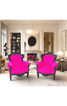 Grand fauteuil de style baroque velours fuchsia et bois laqué noir - 2