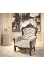 Gran sillón estilo barroco tela de terciopelo gris y madera negra mate - 6