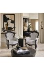 Gran sillón estilo barroco tela de terciopelo gris y madera negra mate - 4
