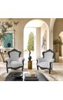 Grand fauteuil de style baroque tissu velours gris et bois noir mat - 3