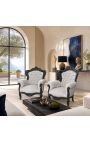 Gran sillón estilo barroco tela de terciopelo gris y madera negra mate - 8