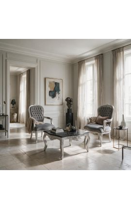 Barokk karosszék Louis XV stílusban szürke bársony és ezüst fa - 2