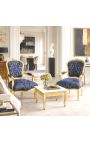 Fauteuil Louis XV de style baroque tissu satiné bleu aux motifs "Gobelins" et bois doré - 4