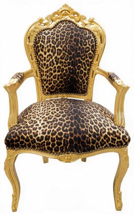 Lænestol barok rococo stil leopard trykt stof og guld træ - 1
