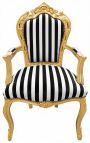 Poltrona barocco rococo in tessuto in tessuto a righe bianco e nero e legno d'oro - 1