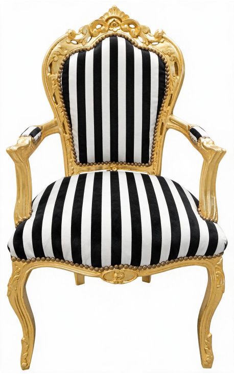 Poltrona barocco rococo in tessuto in tessuto a righe bianco e nero e legno d'oro - 1