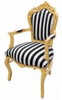 Poltrona barocco rococo in tessuto in tessuto a righe bianco e nero e legno d'oro - 15
