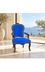 Poltrona Luís XV em veludo azul estilo barroco e madeira preta - 14