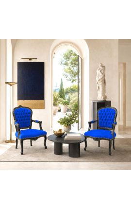 Baroque Louis XV armchair in blue velvet and black wood - 2