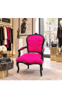 Barokstol av Louis XV stil fushia sammet tyg och glott svart trä - 10