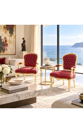 Poltrona estilo barroco Louis XV em tecido de cetim vermelho bordô e madeira dourada - 2
