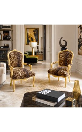 Poltrona barroca Louis XV em tecido leopardo e madeira dourada - 2