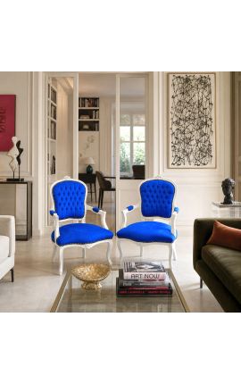 Baroka krēsls no Louis XV Stils Blue samta audums un balts koks - 2