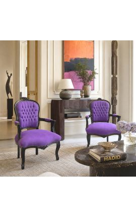 Barocksessel Louis XV Stil lila Stoff und schwarz lackiertes Holz - 2