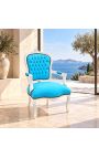 Poltrona barocca di Louis XV Tessuto in velluto turchese stile e legno bianco - 6