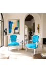 Fauteuil Louis XV de style baroque velours turquoise et bois blanc - 10