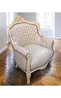 Armchair "princely" Baroque style beige faux leather and beige lacquered wood 