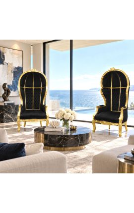 Grand porter's Baroque style chair black velvet and gold wood - 2