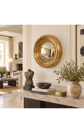 Large round convex mirror called "witch mirror" with patinated gold frame - 2