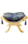 Banquette "Dagobert" tissu satiné aux motifs "Gobelins" bleu et bois doré - 1