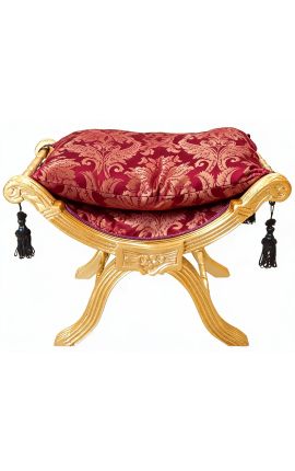 Banquette "Dagobert" tissu satiné aux motifs "Gobelins" rouge et bois doré - 1