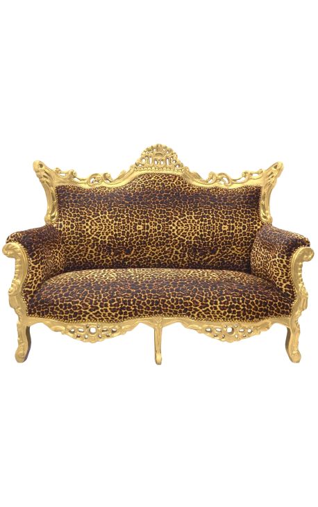 Canapé baroque rococo 2 places tissu léopard et bois doré - 1