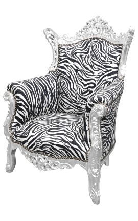 Grand fauteuil Baroque rococo tissu zébré et bois argent