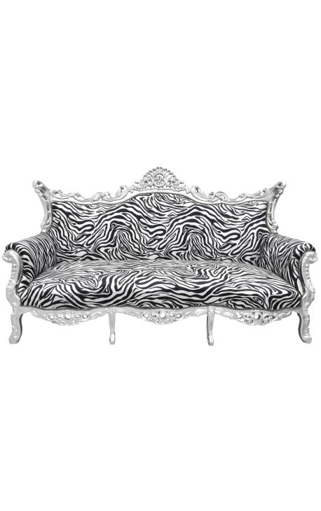 Barock rokoko 3-sits soffa vit konstläder och silverträ (Dupliqué)