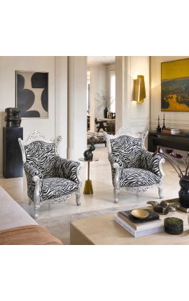 Grand Rococo Baroque armchair zebra fabric and silver wood - 2