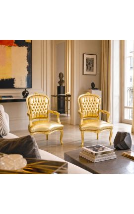 Fauteuil Louis XV de style baroque simili cuir doré et bois doré - 2