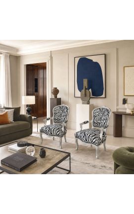Fauteuil Louis XV de style baroque tissu zèbre et bois argent - 2