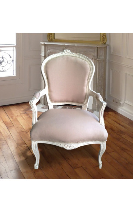 Liudviko XV stiliaus beige / ecru audinio ir smėlio spalvos lako fotelis su senos patinos aspektu.