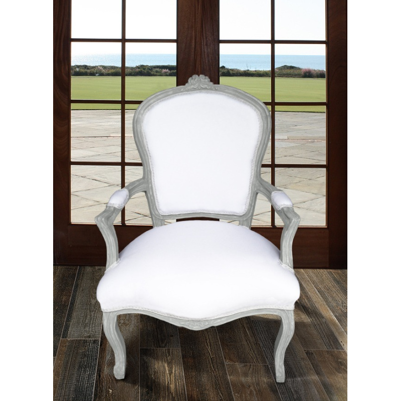 Baroque Armchair Louis Xv White Fabric And Grey Wood Baroque Armchair Louis Xv White Fabric, Louis Xv Chair Slipcover
