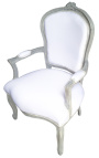 Armchair of Louis XV style white fabric and grey with white patina aspect
