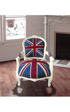 Baroque armchair for child Louis XV style &quot;Union Jack&quot; and beige lacquered wood