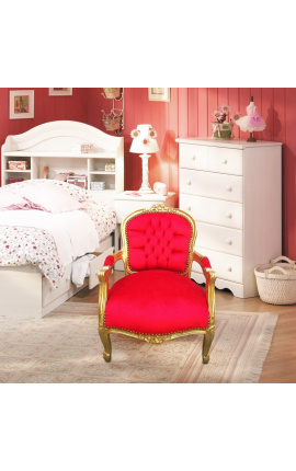 Fotel w stylu barokowym dla dziecka czerwony aksamit i złote drewno