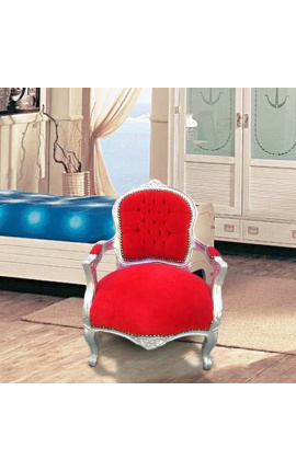 Baroque armchair for child red velvet and silver wood