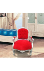 Fotel w stylu barokowym dla dziecka czerwony aksamit i srebrne drewno