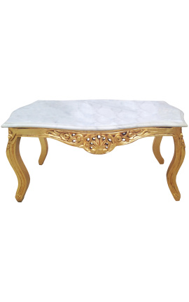 Mesa de centro de sala estilo barroco em madeira dourada com mármore branco