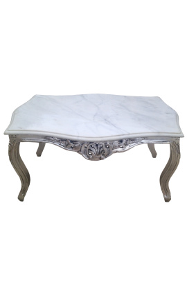 Mesa de centro estilo barroco em madeira prateada com mármore branco