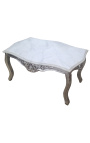 Table basse de salon de style baroque en bois argenté avec marbre blanc