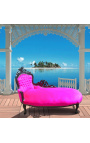 Grande chaise longue barocca in tessuto rosa fucsia e legno laccato nero