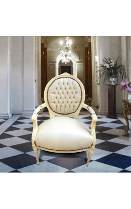Barokke fauteuil Lodewijk XVI-stijl medaillon in valse beige lederen huid en beige gelakt hout 