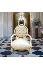 Barock-Sessel im Louis-XVI-Stil mit Medaillon aus beigem Kunstleder und beige lackiertem Holz 
