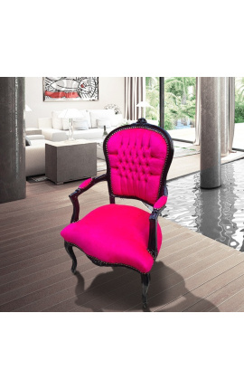 Baroque armchair of Louis XV style fushia velvet fabric and black lacquered wood