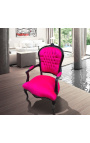 Baroque armchair of Louis XV style fushia velvet fabric and black lacquered wood