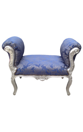 Baroque bench Louis XV stijl blauw "Gobelins"patroon weefsel en hout zilver