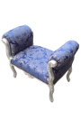 Baroque bench Louis XV style blue "Gobelins"pattern fabric and wood silvered