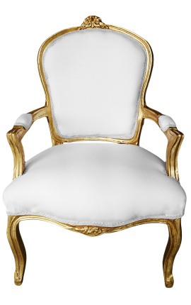 Butaca d'estil barroc Lluís XV de tela blanca i fusta daurada