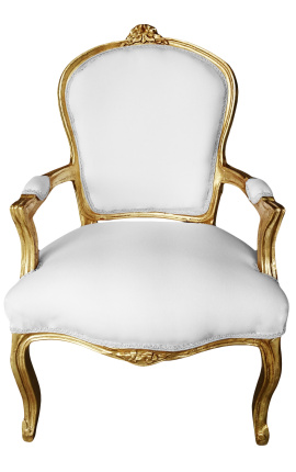 Poltrona Louis XV estilo barroco em tecido branco e madeira dourada